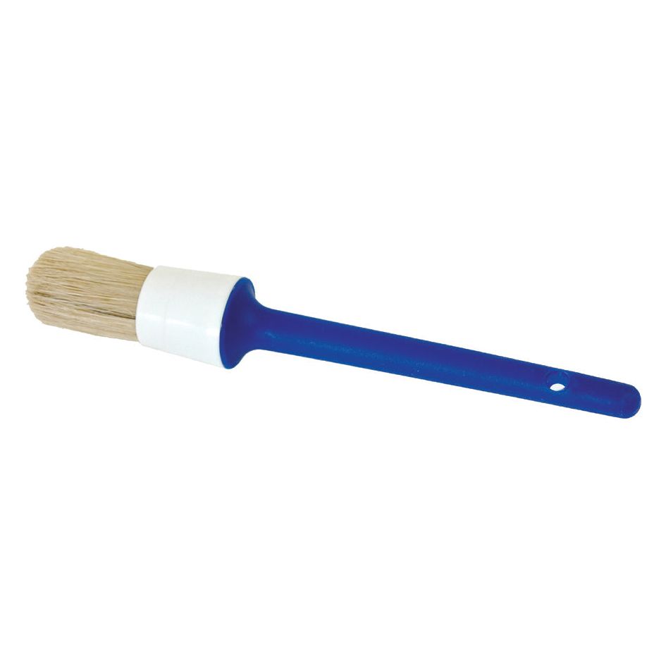 The Sparex Round Paintbrush, No. 18 - Economy (Part No. S.54004) features white bristles, a white plastic ferrule, and a long blue handle with a small hole near the end. It's an ideal choice for those seeking an affordable option without sacrificing quality.