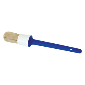 The Sparex Round Paintbrush, No. 18 - Economy (Part No. S.54004) features white bristles, a white plastic ferrule, and a long blue handle with a small hole near the end. It's an ideal choice for those seeking an affordable option without sacrificing quality.