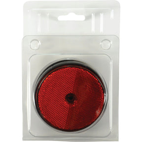 A Sparex Round Reflector - S.8900, measuring 86mm in diameter, comes in red and is packaged in a transparent plastic Agripak with a hanging tab.