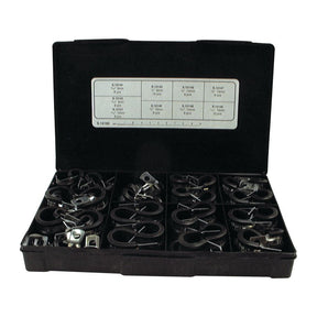A Sparex plastic case filled with Rubber Lined Clamps, ranging in size from Ø5 to 19mm, each neatly sectioned off in compartments. The inside of the lid displays a chart with part numbers and quantities (Sparex Part No. S.12182), making this Handipak an excellent organizational tool.