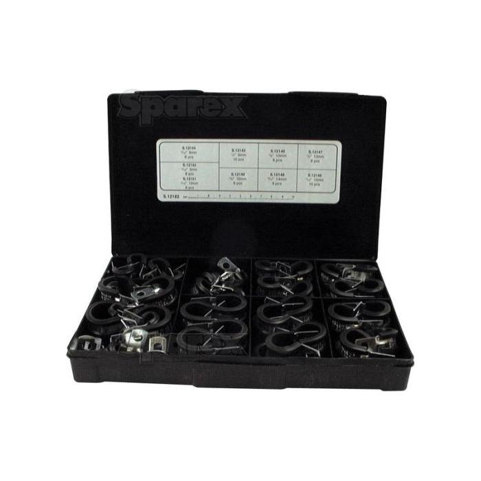 A Sparex black plastic case, part number S.12182, containing various metal parts and fasteners organized into labeled compartments, including a selection of Rubber Lined Clamps with an internal diameter ranging from Ø5 to 19mm.