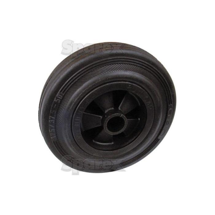 The Sparex Rubber Replacement Wheel (Part No. S.52582) is a black, solid rubber wheel with a grooved tire and hollow center, designed for industrial use. It features a 125mm diameter and can support up to 100kg.