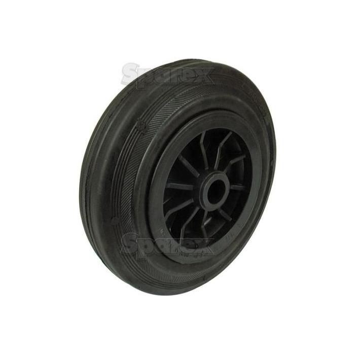 The Sparex Rubber Replacement Wheel - Part No. S.52584 features a 200mm diameter black rubber wheel with a treaded outer surface and a central hub, designed to support up to 205kgs and suitable for axle attachment.