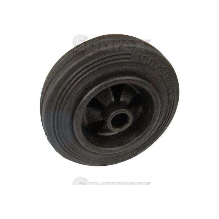 A Sparex Rubber Replacement Wheel (Sparex Part No. S.52581) with a 100mm diameter, black plastic construction, detailed tread, and central hub, angled slightly to one side against a white background. This wheel has a capacity of 75kgs.
