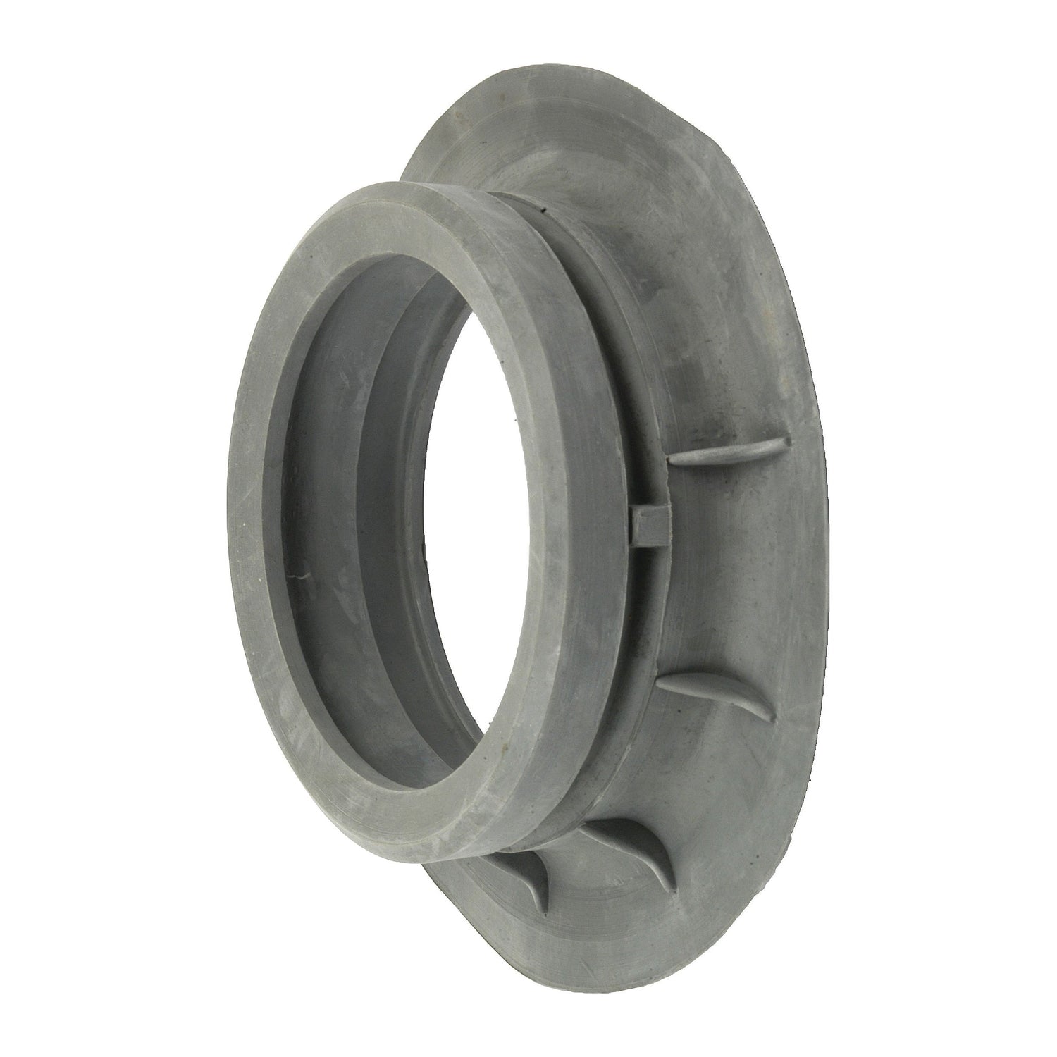 A gray, circular rubber component with an opening in the middle and multiple fins on the outer edge, compatible with Ford/New Holland machinery. This is the Rubber Seal by Sparex, part no. S.67664.