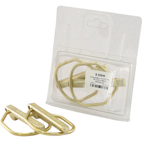 Packaging of two Rűbig Safety Linch Pins on a white background. Each pin is gold-colored, made from durable metal, and measures Ø11.5mm x 55mm. The packaging includes a barcode and product details, branded as Sparex Part No.S.22540 (2 pcs. Agripak).