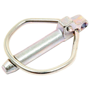 The Sparex Rűbig Safety Linch Pin (Sparex Part No. S.31380), with a pin diameter of 7.5mm and length of 44mm, features a round safety clip designed to securely hold the pin in place, and is compatible with chain or strap attachments.