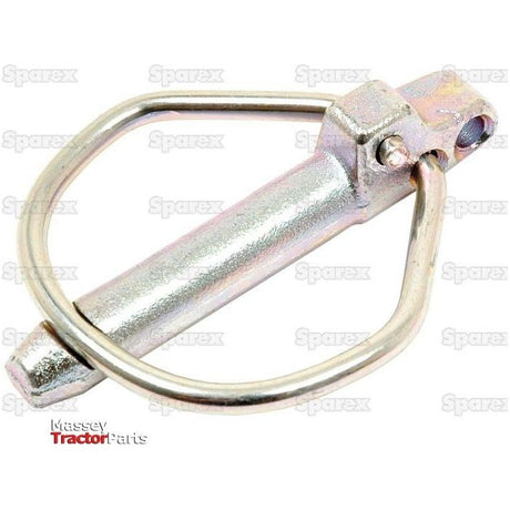 A versatile metal linchpin featuring a round wire loop for securing machinery components, the Rűbig Safety Linch Pin (Pin Ø7.5mm x 44mm) from Sparex (Part No. S.31380) offers added functionality with its chain or strap attachment option, subtly branded "Sparex" and "Massey Tractor Parts" in the background.