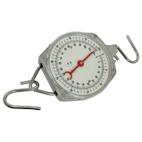 Introducing the Sparex SCALE-50KG/200G & 110LB/8 OZ - S.12437, a robust mechanical hanging scale equipped with two hooks and a circular dial that offers dual calibration to display measurement readings in both kilograms and pounds.