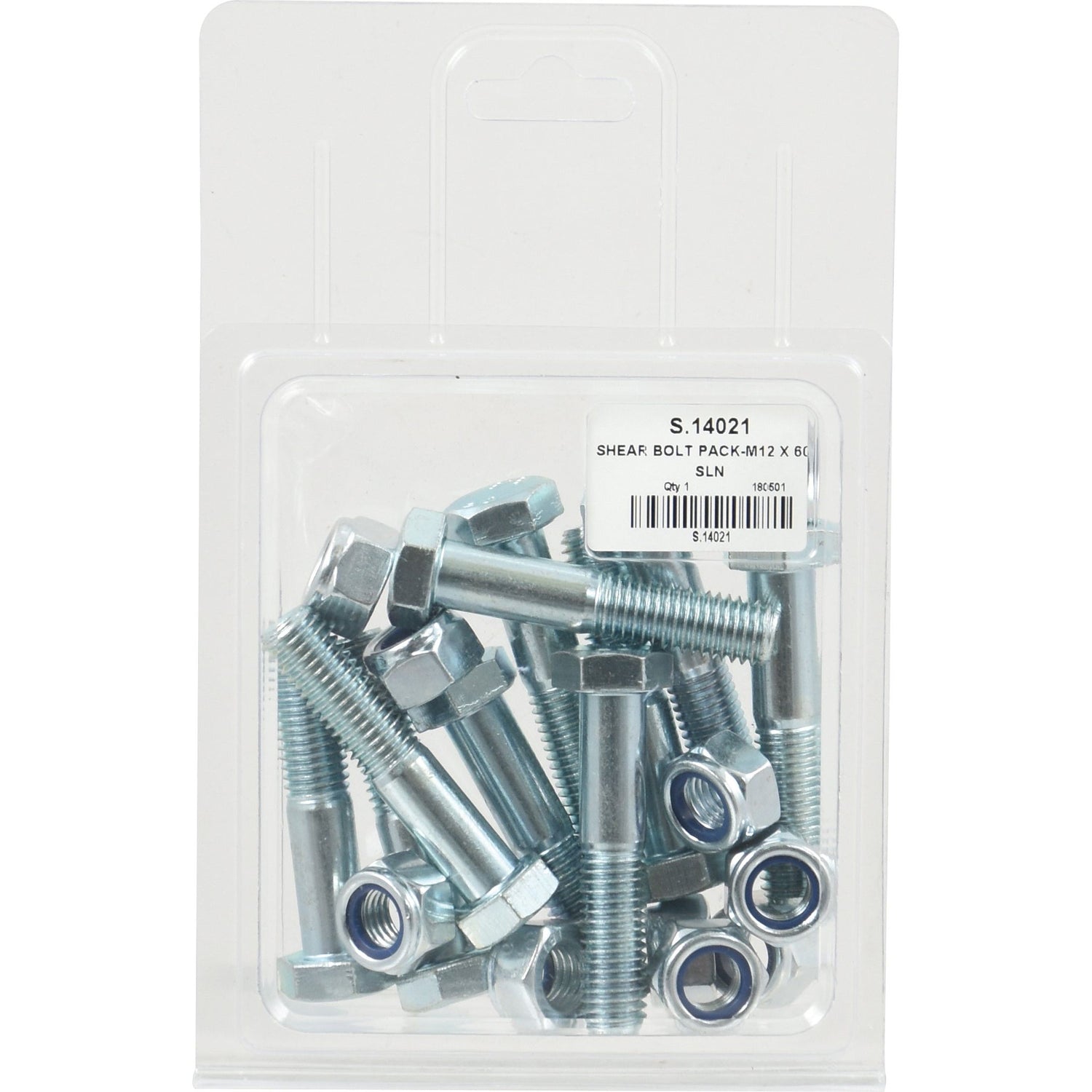 A clear plastic package containing a set of silver shear bolts and nuts with a label reading "Shear Bolt, M12 x 60mm (10 pcs. Agripak) | Sparex Part No.S.14021," perfect for your metric needs. Designed by Sparex, this pack ensures durable and reliable hardware for various applications.