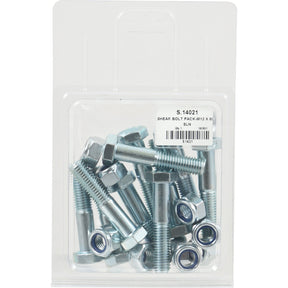 A clear plastic package containing a set of silver shear bolts and nuts with a label reading "Shear Bolt, M12 x 60mm (10 pcs. Agripak) | Sparex Part No.S.14021," perfect for your metric needs. Designed by Sparex, this pack ensures durable and reliable hardware for various applications.