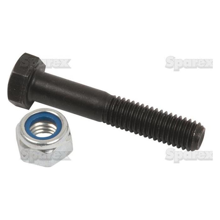 A Sparex Shear Bolt (8 x 55mm, 8.8) and a silver hex nut with a blue nylon insert are shown against a white background. The hex nut is zinc-plated for enhanced durability.