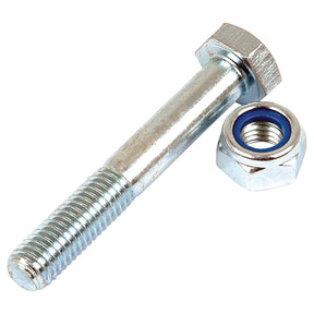 A Sparex Shear Bolt (Part No. S.6717), measuring 10 x 60mm (8.8), and a matching hex nut with a blue nylon ring, both zinc-plated metal with metric coarse threads, used for securing materials together.