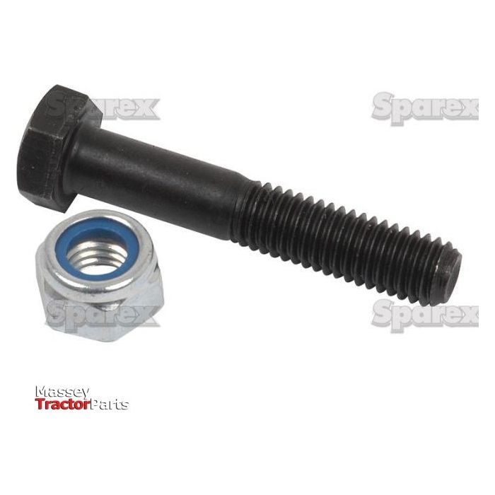 A 10 x 60mm Shear Bolt (8.8) and a silver zinc-plated hex nut with a blue nylon insert, both labeled with the brand "Sparex" and featuring the "Massey Tractor Parts" logo in red and black on a white background. Part No. S.6717