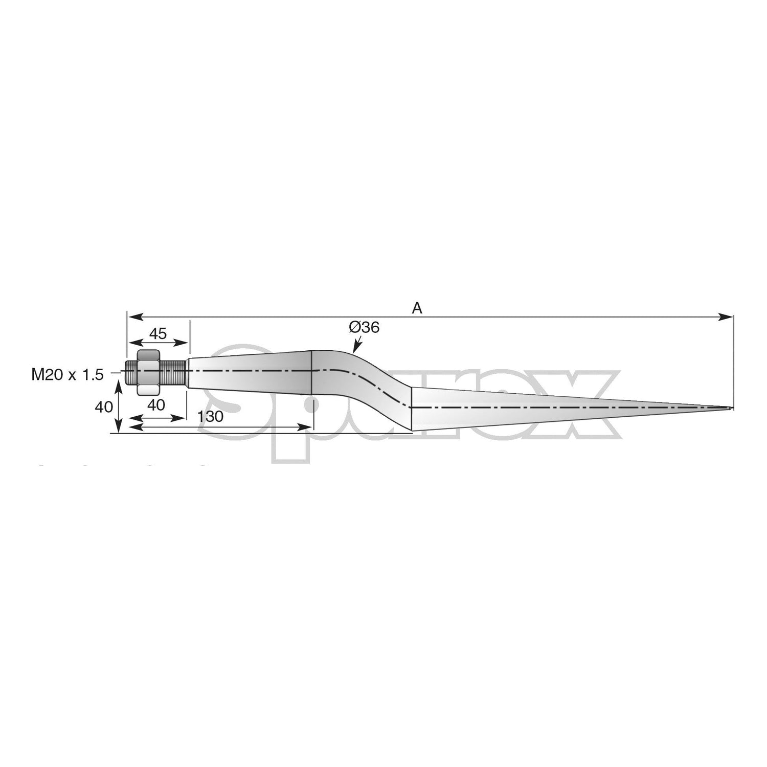 Technical drawing of a Sparex Loader Tine - Cranked 820mm with dimensions. It features angled sections, threaded holes (M20 x 1.50 H - fluted), and several labeled measurements including "A," Ø36, 130, 40, and 45. The diagram also highlights the SHW standard for maximum torque specifications as per product code 21615139 - S.77031.