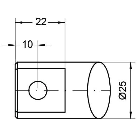 Technical drawing of the Sparex Loader Tine - Curved 470mm (Round) model S.72217, highlighting its 25 mm diameter cylindrical section. The structure includes a square section measuring 22 mm by 22 mm and features a precise 10 mm hole in the middle of the square section.