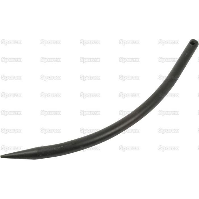 The Sparex Loader Tine - Curved 560mm (Round) - S.22813 is a black metal spike with a pointed end, featuring a hole near the opposite end and a Pin Fitting for secure attachment.