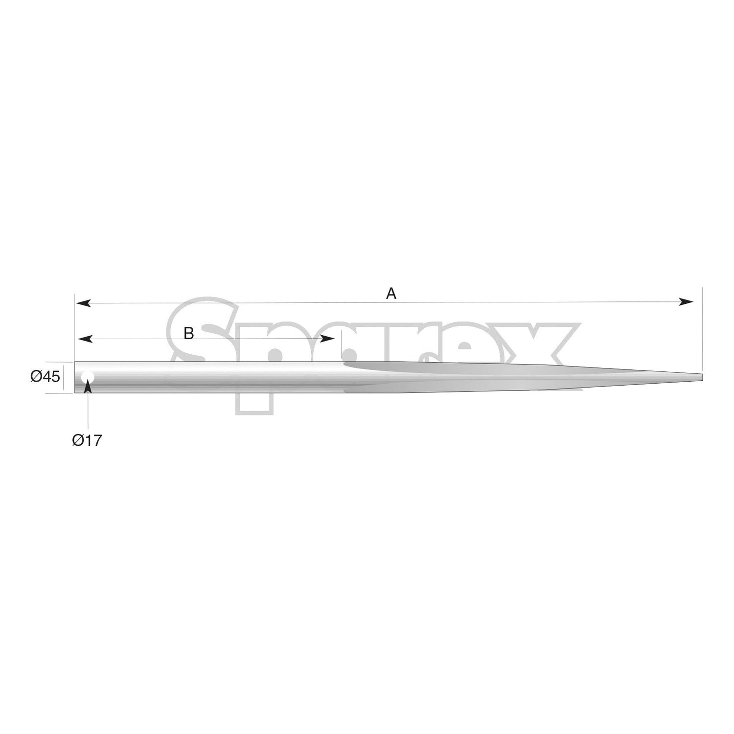 The technical diagram features a cylindrical object with a pointed end, labeled with diameters Ø45 and Ø17, sections A and B marked, and arrows indicating dimensions. It highlights the maximum tine diameter of Ø45mm for the star profile pin fitting of the Loader Tine - Straight 1050mm (Star), product code DF045 - S.74760 by Sparex.