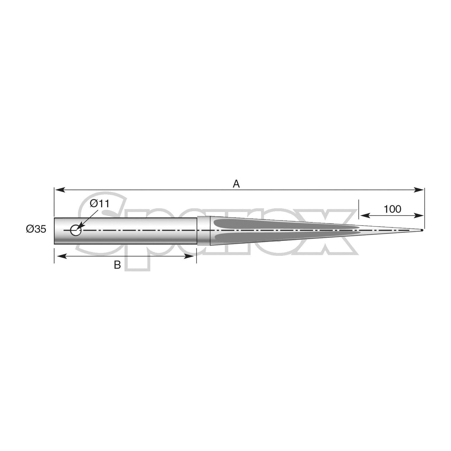 Technical drawing of the "Loader Tine - Straight 760mm" (Star) labeled with dimensions. It features a Maximum Tine Ø35mm and Ø11mm, length A, section B, and a specific section marked as 100 mm. This product is branded under Sparex and fits as: 5500011 - S.78652.