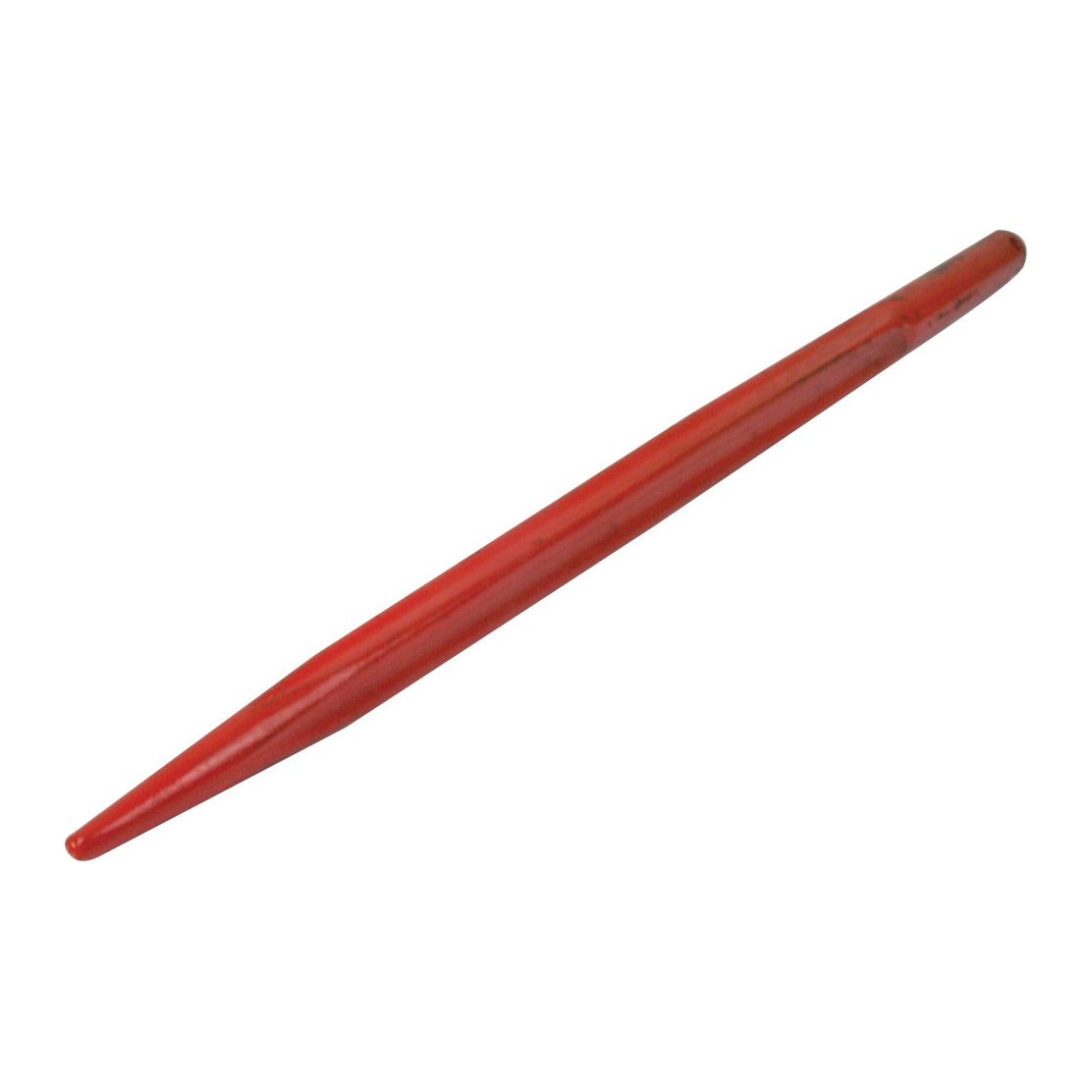 A red plastic Loader Tine - Straight 760mm, with a pointed end and Star Profile, lies horizontally against a white background.