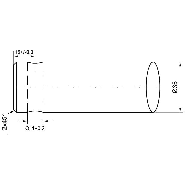 Technical drawing of the Sparex Loader Tine - Straight 760mm (Star), designed to fit as: 5500011 - S.78652. The cylindrical object has a diameter of 35 mm, with ends described by specific measurements, including a length of 15 mm and features incorporating 45-degree angles. This component is engineered for precision pin fitting to ensure optimal alignment and performance.