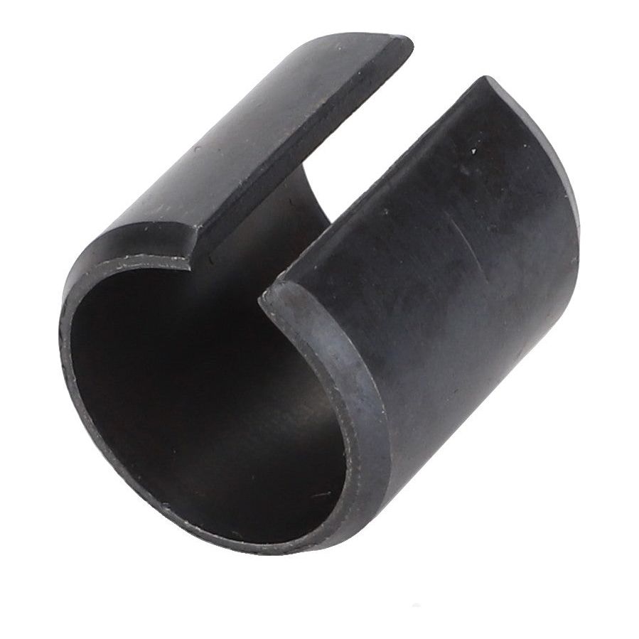 The AGCO Massey Ferguson SLOTTED SPRING PIN - 3000705X1 is a black, cylindrical metal clip with an open side and smooth edges, perfect for securing or holding cylindrical objects in place and ideal for various Massey Ferguson tractor models.