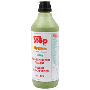 A 1-liter bottle of Sparex STOP Tyre Sealant (Sparex Part No. S.4417) containing a greenish liquid. The label is in both English and French, indicating it is an anti-leak product designed for tires, offering comprehensive tire protection and puncture reduction.