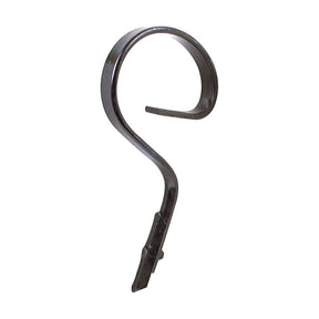 The S Tine 32x10x400mm by Sparex, fitting model 01200236 - S.77758, is a curved, black metal tine with a sharp end and an attachment point designed for use in agricultural machinery for tilling or soil cultivation. It includes a frame mounting hole for secure attachment, while the width of the spring ensures optimal flexibility during operation.