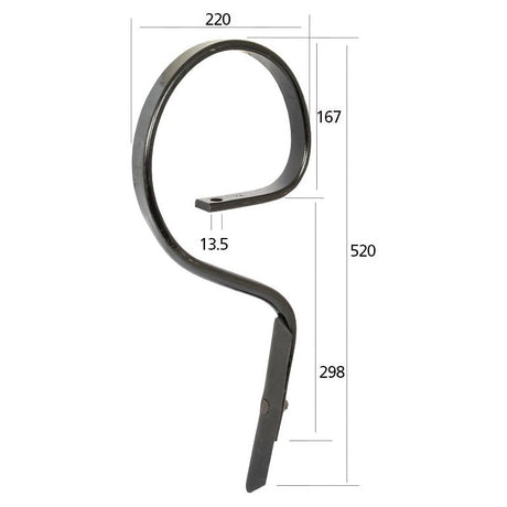 The S Tine 32x10x520mm from Sparex (S.77215) is a metal rod bent into a spiral at the top, with precise spring dimensions labeled as follows: 220mm, 167mm, 13.5mm, 520mm, and 298mm.
