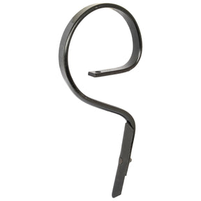 The S Tine 32x10x520mm - S.77215 from Sparex is a metal spring tine designed for agricultural equipment, featuring a coiled upper section and a flat, angled lower section for effective soil tilling. It includes a frame mounting hole for easy installation and adheres to precise spring dimensions, ensuring compatibility with other Sparex parts.