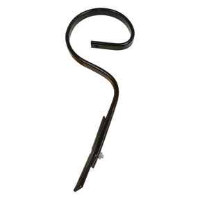 The S Tine 32x10x525mm - S.136360 by Sparex is a curved metal garden hook designed for holding hanging planters, featuring a mounting attachment at the bottom.