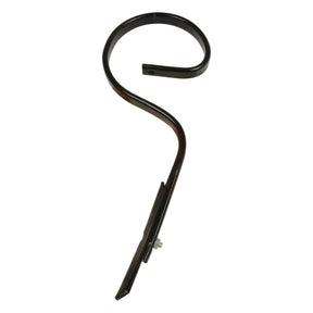 A black metal S Tine from Sparex, model 32x12x590mm - S.78146, featuring a spiral design at the top and a mounting bracket with a precise mounting hole diameter at the bottom.