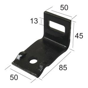 The S Tine Clamp without helper (32x12mm), suitable for 50x15mm, comes with a black metal bracket featuring a rectangular hole and a circular hole. Dimensions are indicated as 50, 13, 45, 85, and 50 millimeters. Designed for box sections of Universal Tractors, this product is manufactured by Sparex for durability and precise fit. The Sparex Part No. is S.74822.