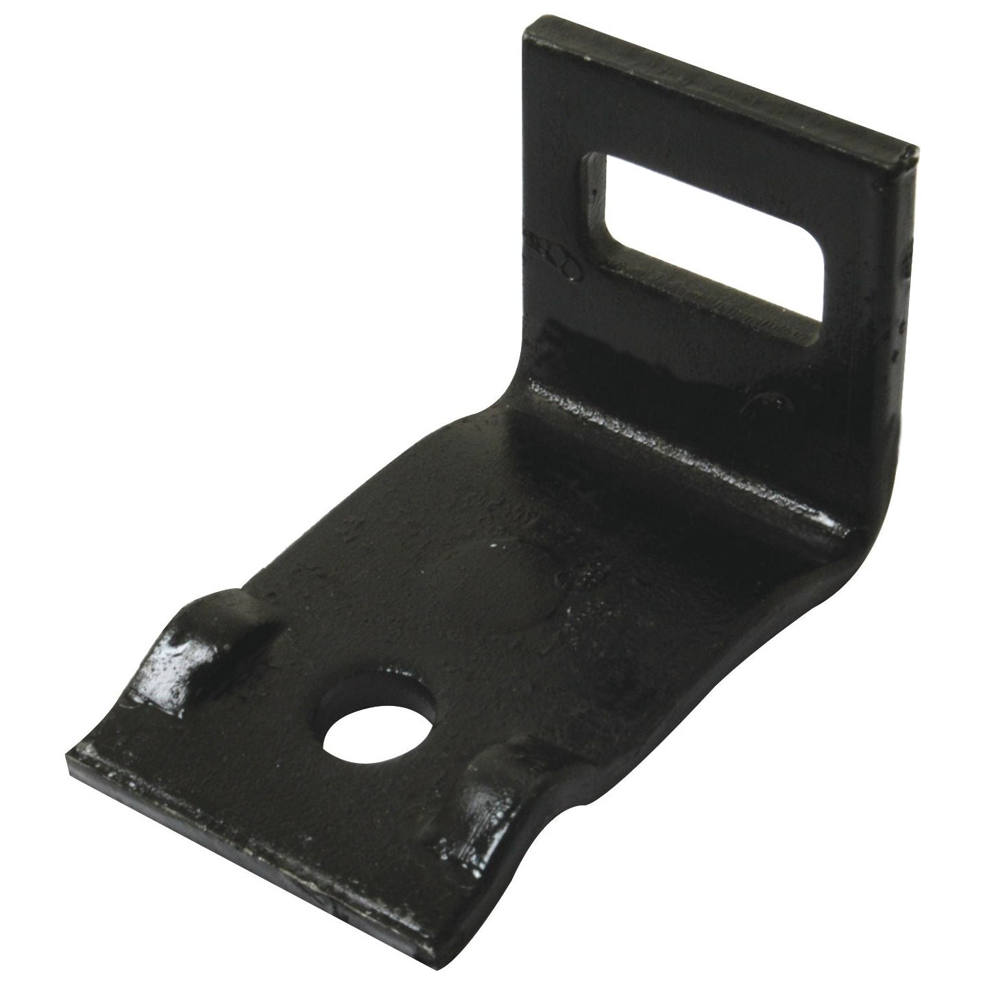 The Sparex S Tine Clamp without helper (32x12mm), suitable for 50x15mm box sections (Sparex Part No. S.74822), is a small black metal bracket featuring a rectangular cutout and a circular hole, commonly used for securing or mounting objects on Universal Tractors.