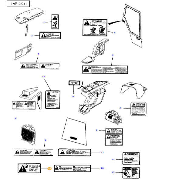 Diagram displaying various automotive parts of a Massey Ferguson tractor labeled with warning symbols and instructional text, using the AGCO Massey Ferguson - Safety Decal - 3713699M1. Each part is numbered for reference, including components such as panels, switches, and electrical parts.