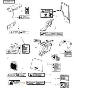Diagram displaying various automotive parts of a Massey Ferguson tractor labeled with warning symbols and instructional text, using the AGCO Massey Ferguson - Safety Decal - 3713699M1. Each part is numbered for reference, including components such as panels, switches, and electrical parts.