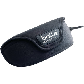 The Sparex Safety Glasses Case - ETUIB - S.162430 is a black, cylindrical, textured polyester case featuring a flap closure and logo on the front. It includes a convenient belt loop for easy carrying.