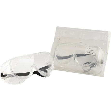 The Safety Goggles Agripak - S.3422 by Sparex, featuring an adjustable strap, sit next to their transparent packaging, making them suitable for various tasks.