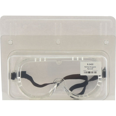 A pair of clear safety goggles with black elastic straps, packaged in a transparent plastic case. A label with the text "Safety Goggles Agripak - S.3422" from the brand Sparex is visible on the packaging, suitable for various safety applications.