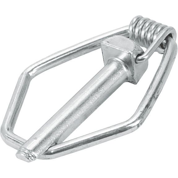 A metal bolt with a spring-loaded mechanism and a hexagonal head, connected to a triangular clip, resembling the Sparex Safety Linch Pin, Pin Ø10mm x 58mm (Sparex Part No. S.29110).