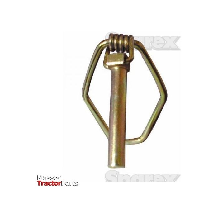 A Safety Linch Pin, Pin Ø10mm x 58mm (Sparex Part No. S.29110), featuring a gold spring-retained linch pin with a coiled ring and hexagonal latch, set against a white background. Logos for Massey Tractor Parts and Sparex are partially visible in the image.