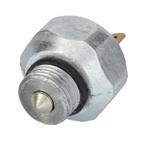 Close-up image of a metal safety switch sensor, labeled as Massey Ferguson - Safety Switch - 1679223M2 by AGCO, featuring a hexagonal base and electrical connectors, commonly found in 100 Series tractor parts for Massey Ferguson.