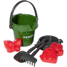 The Fendt - Sand Buckets With Moulds (X991019055000) by AGCO, perfect for playground digging fun, includes a green bucket, two red sand molds, a small black pail, and two black toy rakes.