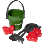 The Fendt - Sand Buckets With Moulds (X991019055000) by AGCO, perfect for playground digging fun, includes a green bucket, two red sand molds, a small black pail, and two black toy rakes.