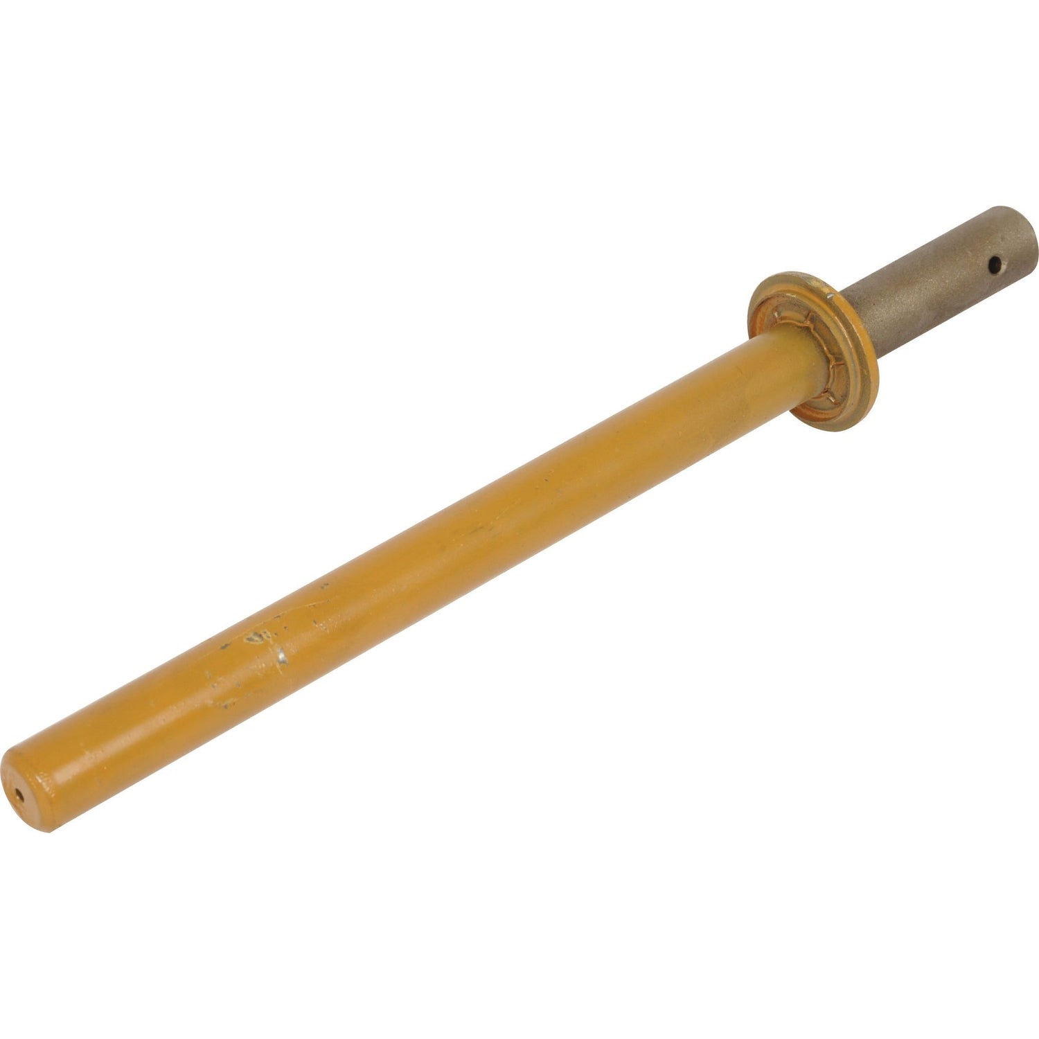 A Sparex Retractable Finger (S.79478), designed to fit as 84000121, is a yellow metal cylindrical rod with a flanged circular base, equipped with a hole near its end, reminiscent of parts typically found on New Holland or Ford tractors.