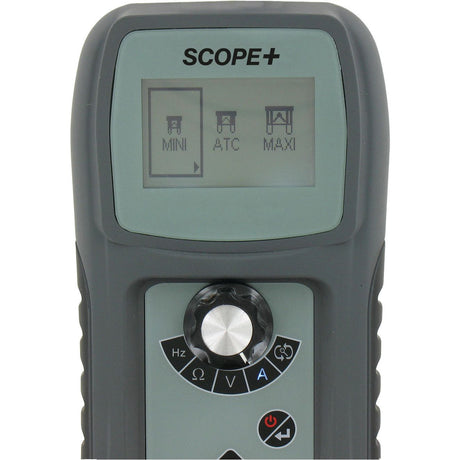 Close-up view of a Sparex Scope & Multi Tester - S.162154 featuring a screen displaying MIN, ATC, and MAX options, and control buttons including Hz, Ω, and V functions for automotive electrical circuit diagnostics, with a central adjustment knob.