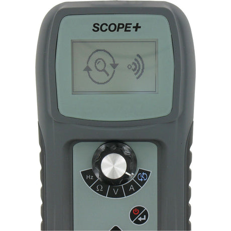 Close-up of a handheld device labeled "Scope & Multi Tester - S.162154" from the brand Sparex, with a screen displaying an icon of a rotating object emitting a signal. The device, ideal for diagnosing automotive electrical circuits, features buttons and a dial for various functions.