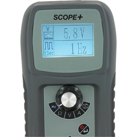 The Scope & Multi Tester - S.162154 by Sparex is a digital device with a display screen showing "5.8V" and "1Hz." Often used in automotive electrical circuits, the device features various control buttons and a dial knob.