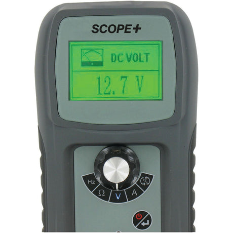A close-up of the Sparex Scope & Multi Tester - S.162154 displaying a DC voltage reading of 12.7 volts on its screen, essential for diagnosing an automotive electrical circuit.