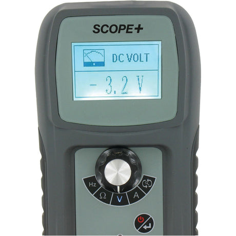 Close-up of a Scope & Multi Tester - S.162154 by Sparex, displaying a DC voltage reading of -3.2 volts on its screen. The device, ideal for diagnosing automotive electrical circuits, features a black and grey casing with various function buttons and a central dial.
